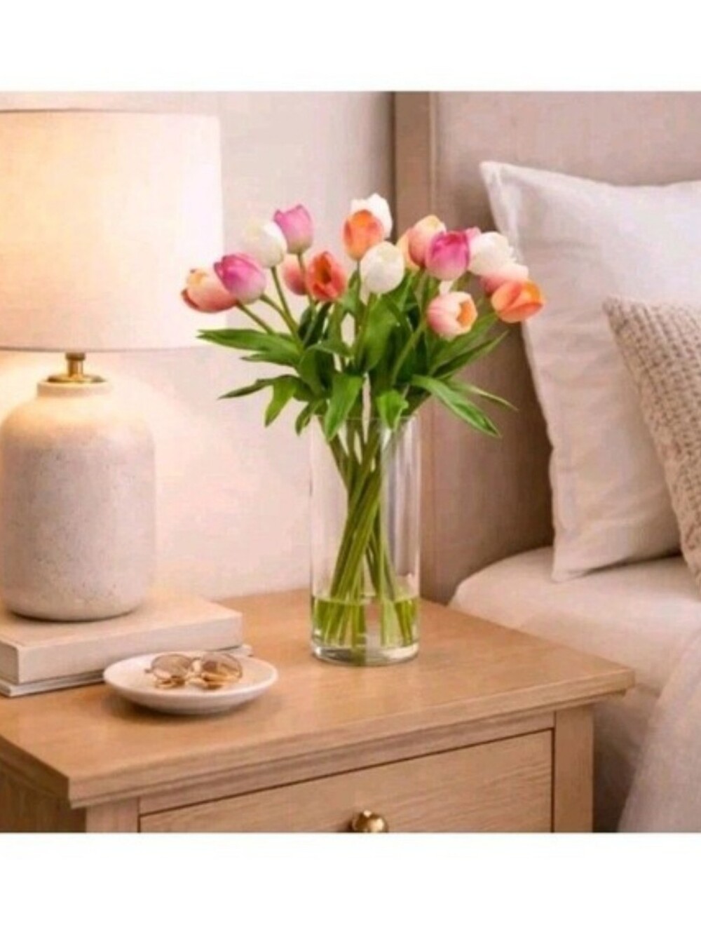 TULIPS FAKE ARTIFICIAL FLOWER FLORAL ARRANGEMENT SILK FLOWERS CERAMIC VASE NEW - Picture 3 of 4
